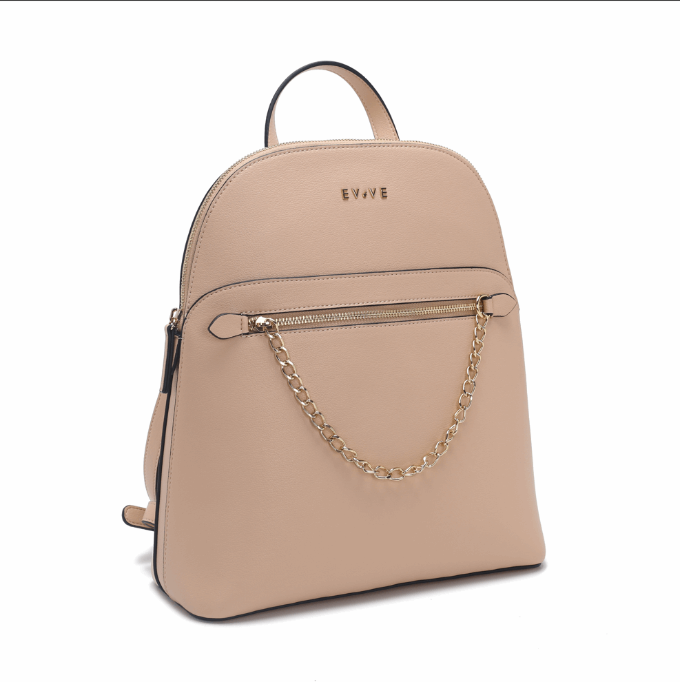 'Luna' Minimalist Urban Backpack | Premium Smooth Vegan Leather | Sophisticated Front-Chain Accent & Dual-Compartment Tech Storage