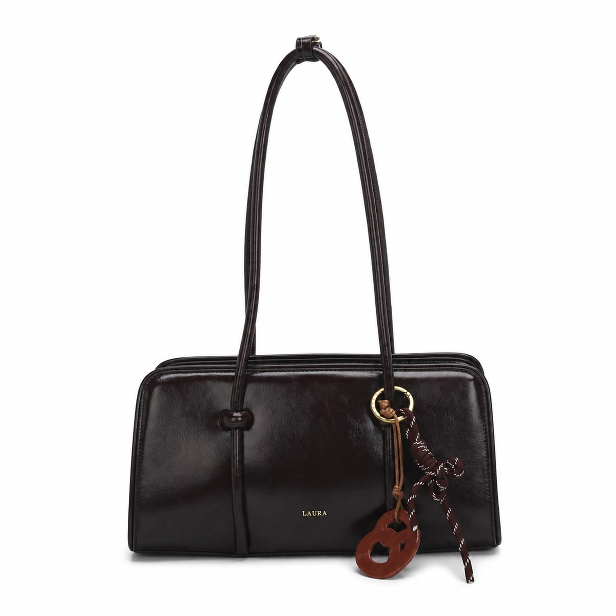 OEM/ODM Custom Women's Dark Brown Genuine Leather East-West Shoulder Handbag with Charm