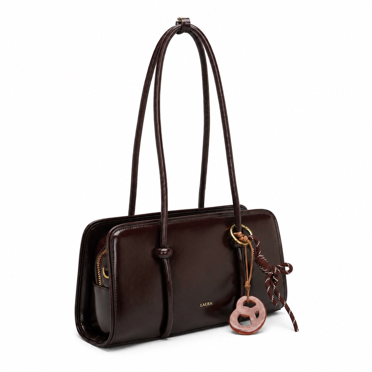 OEM/ODM Custom Women's Dark Brown Genuine Leather East-West Shoulder Handbag with Charm