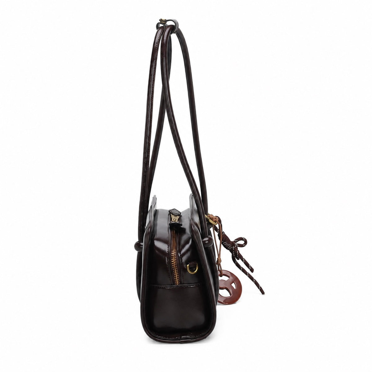 OEM/ODM Custom Women's Dark Brown Genuine Leather East-West Shoulder Handbag with Charm