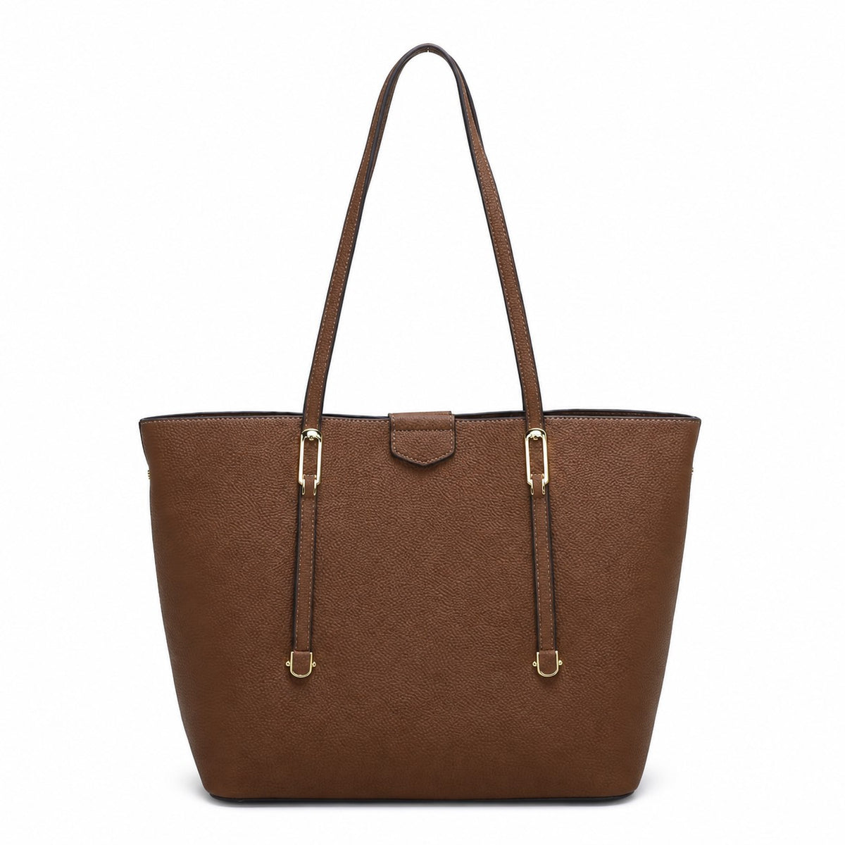 Premium Brown Textured PU Leather Tote Bag with Gold Hardware and Decorative Straps for Wholesale