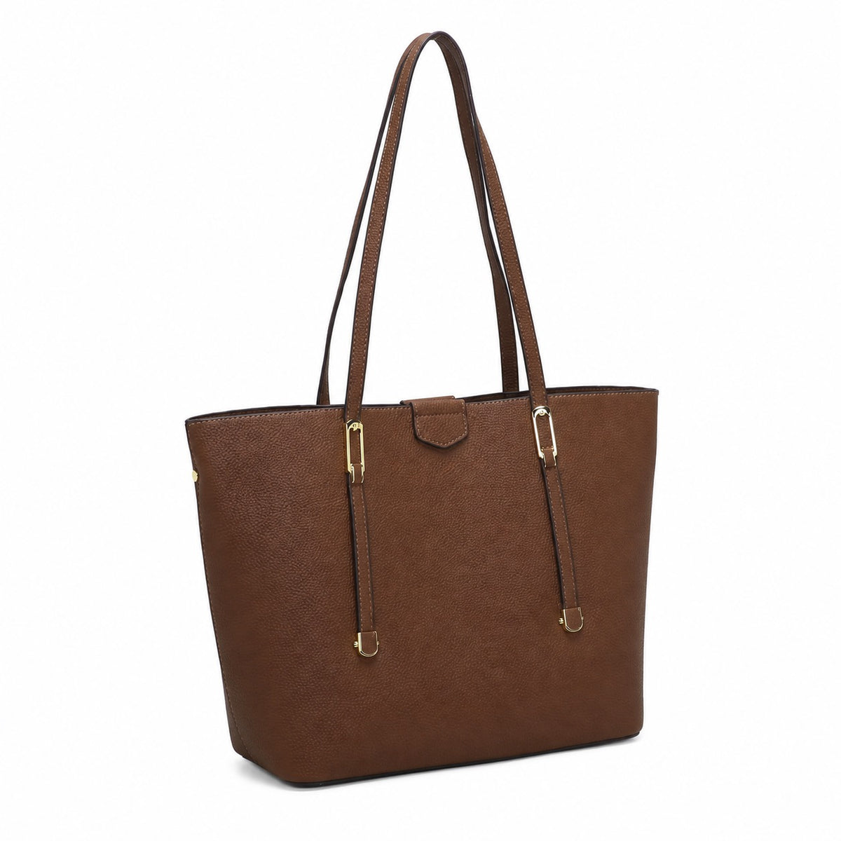 Premium Brown Textured PU Leather Tote Bag with Gold Hardware and Decorative Straps for Wholesale