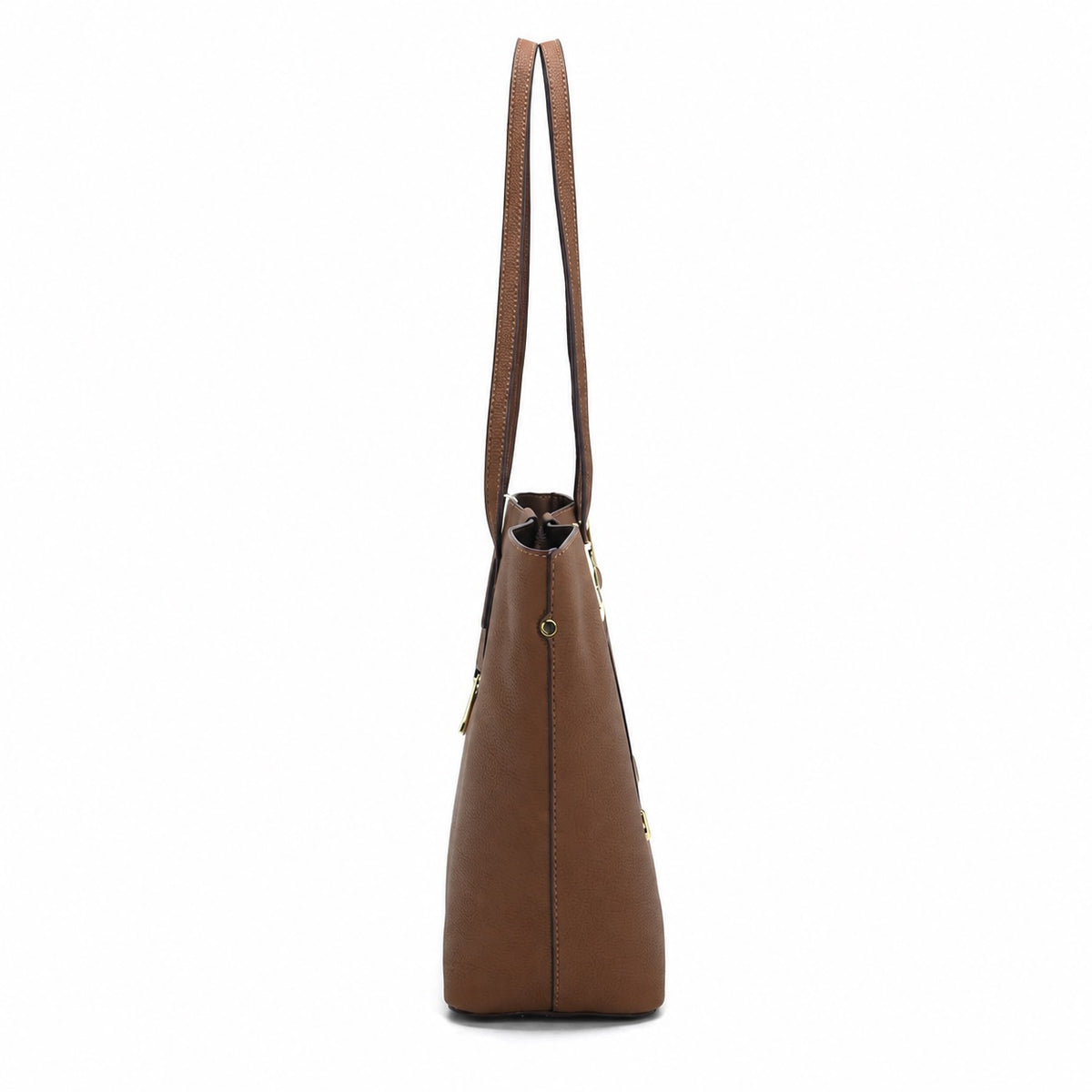 Premium Brown Textured PU Leather Tote Bag with Gold Hardware and Decorative Straps for Wholesale