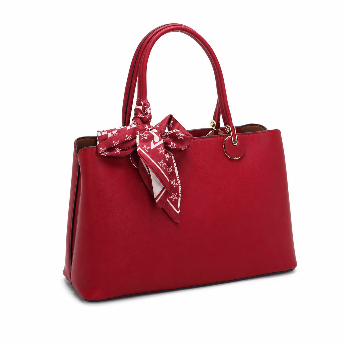OEM/ODM Custom Women's Red Scarf-Decorated Structured PU Leather Satchel Handbag