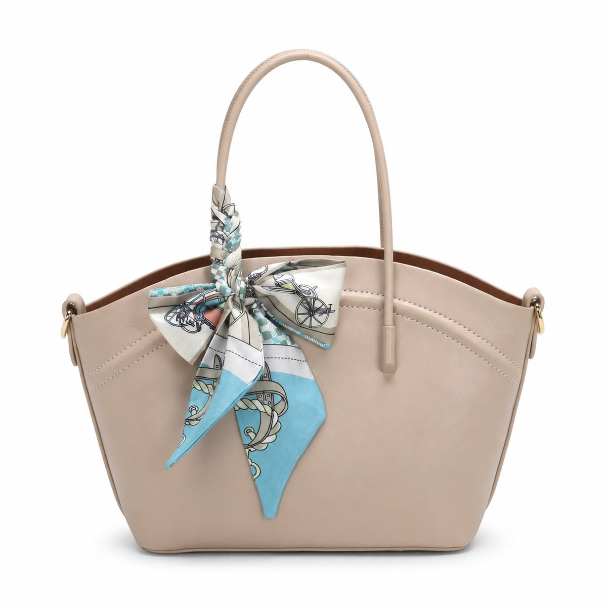 OEM/ODM Custom Women's Beige Scarf-Decorated Winged PU Leather Tote Handbag