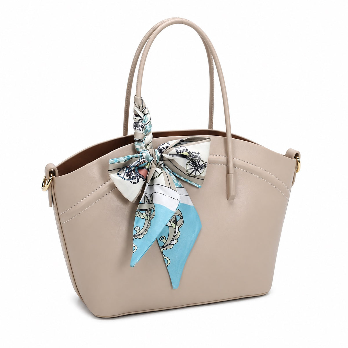OEM/ODM Custom Women's Beige Scarf-Decorated Winged PU Leather Tote Handbag