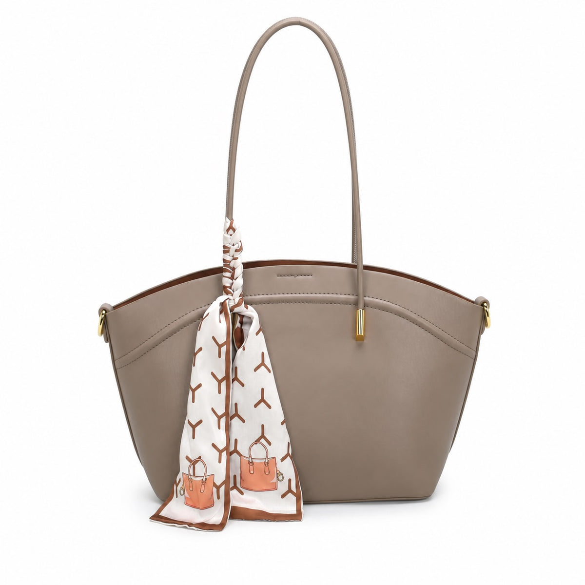 OEM/ODM Custom Women's Taupe Elegant Trapeze Shoulder Tote Bag with Scarf Accent