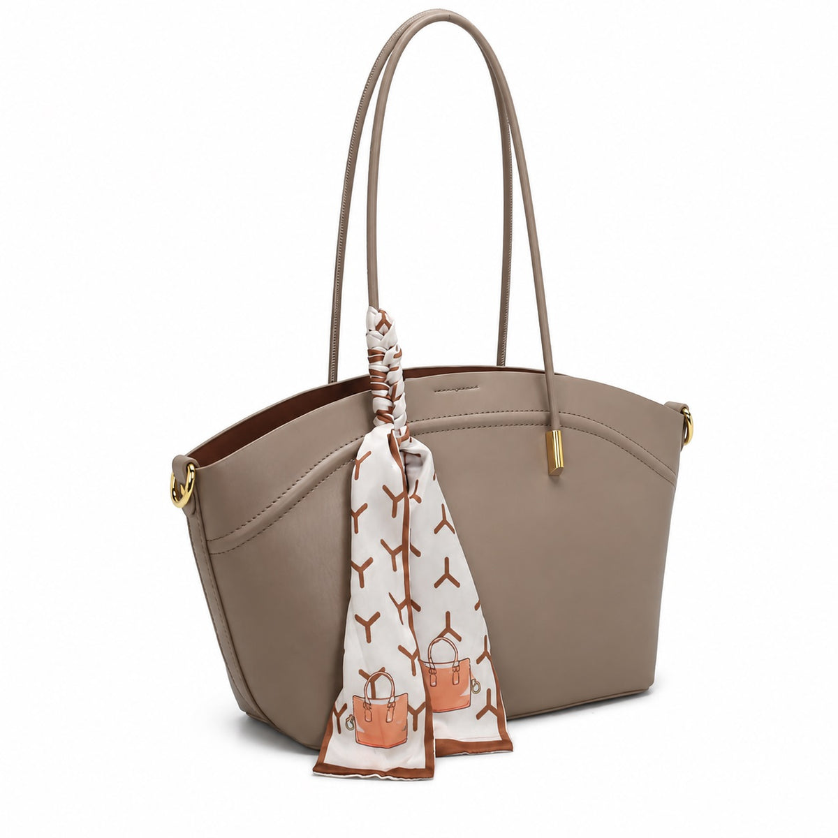OEM/ODM Custom Women's Taupe Elegant Trapeze Shoulder Tote Bag with Scarf Accent
