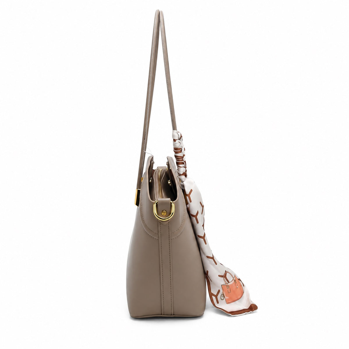 OEM/ODM Custom Women's Taupe Elegant Trapeze Shoulder Tote Bag with Scarf Accent