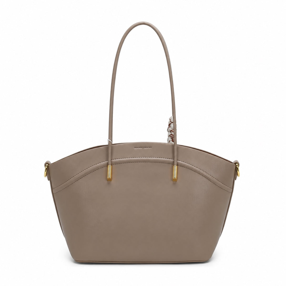 OEM/ODM Custom Women's Taupe Elegant Trapeze Shoulder Tote Bag with Scarf Accent
