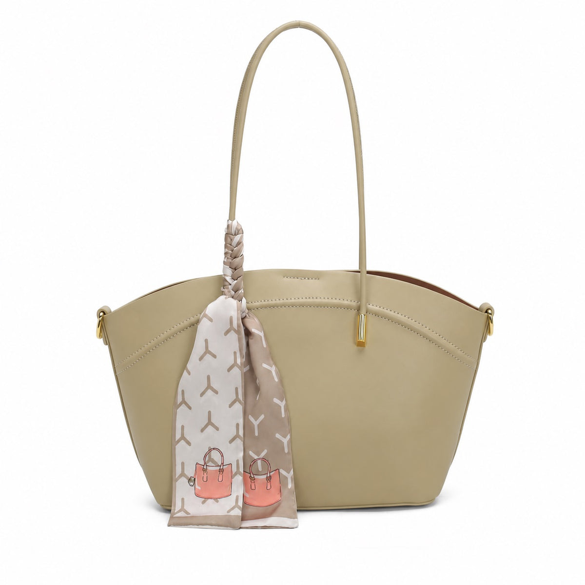 OEM/ODM Custom Women's Taupe Elegant Trapeze Shoulder Tote Bag with Scarf Accent
