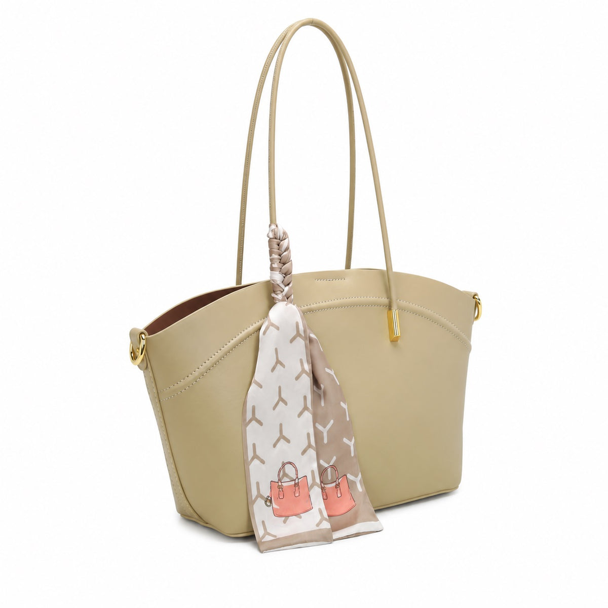 OEM/ODM Custom Women's Taupe Elegant Trapeze Shoulder Tote Bag with Scarf Accent