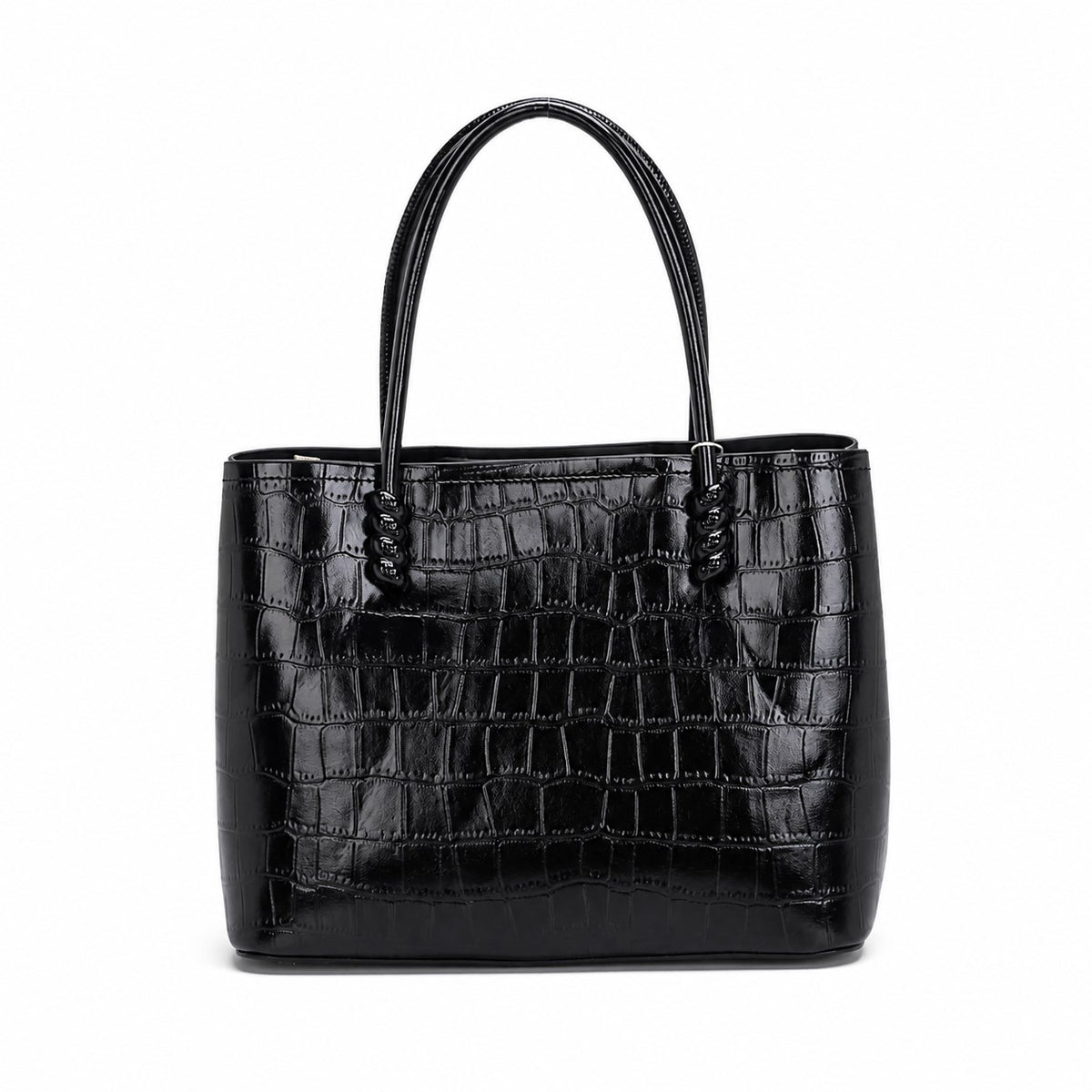 OEM/ODM Custom Women's Black Crocodile-Embossed Structured Top Handle Tote Bag