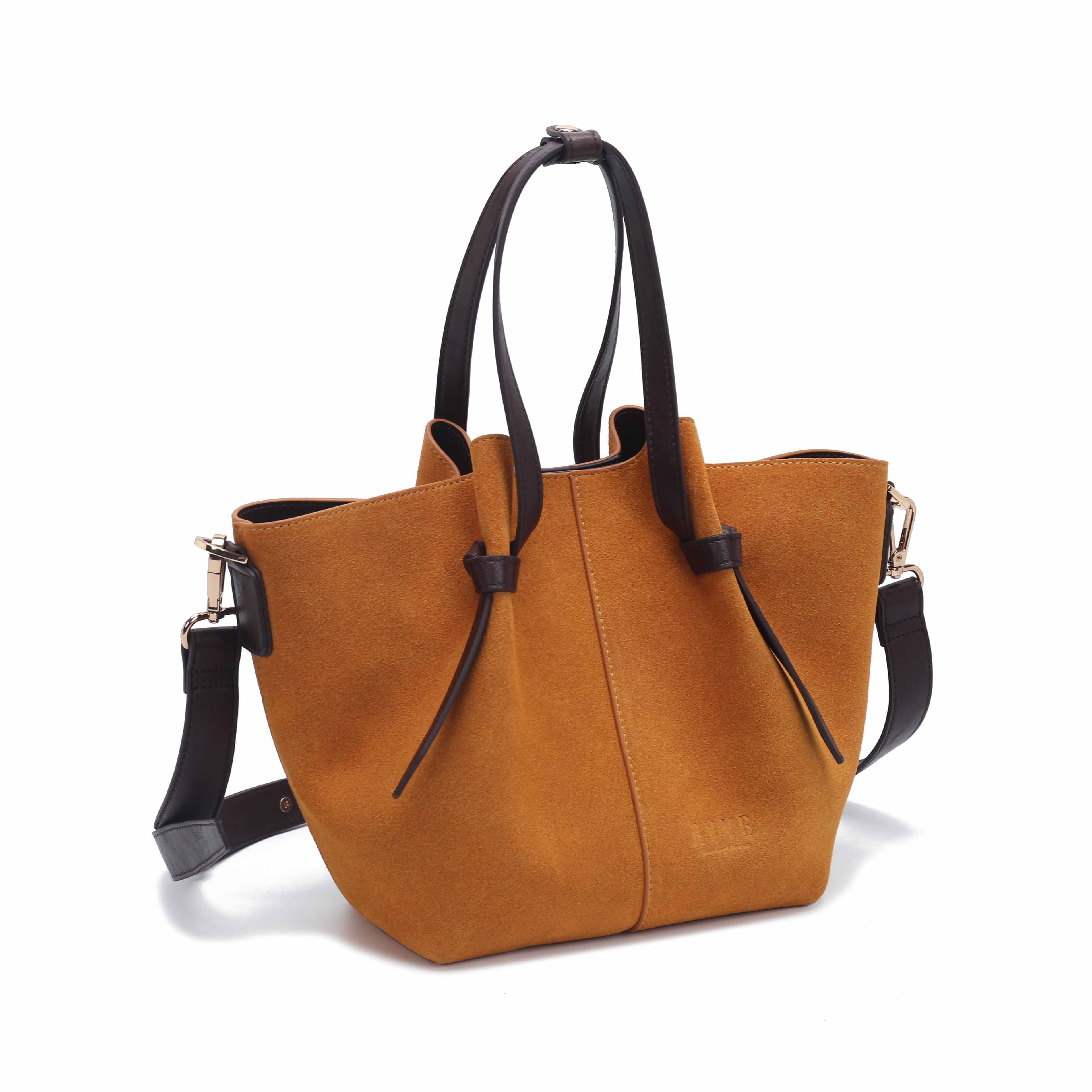 Women Vintage Caramel Suede Genuine Leather Tote Bag Large Capacity Handbag With Detachable Strap