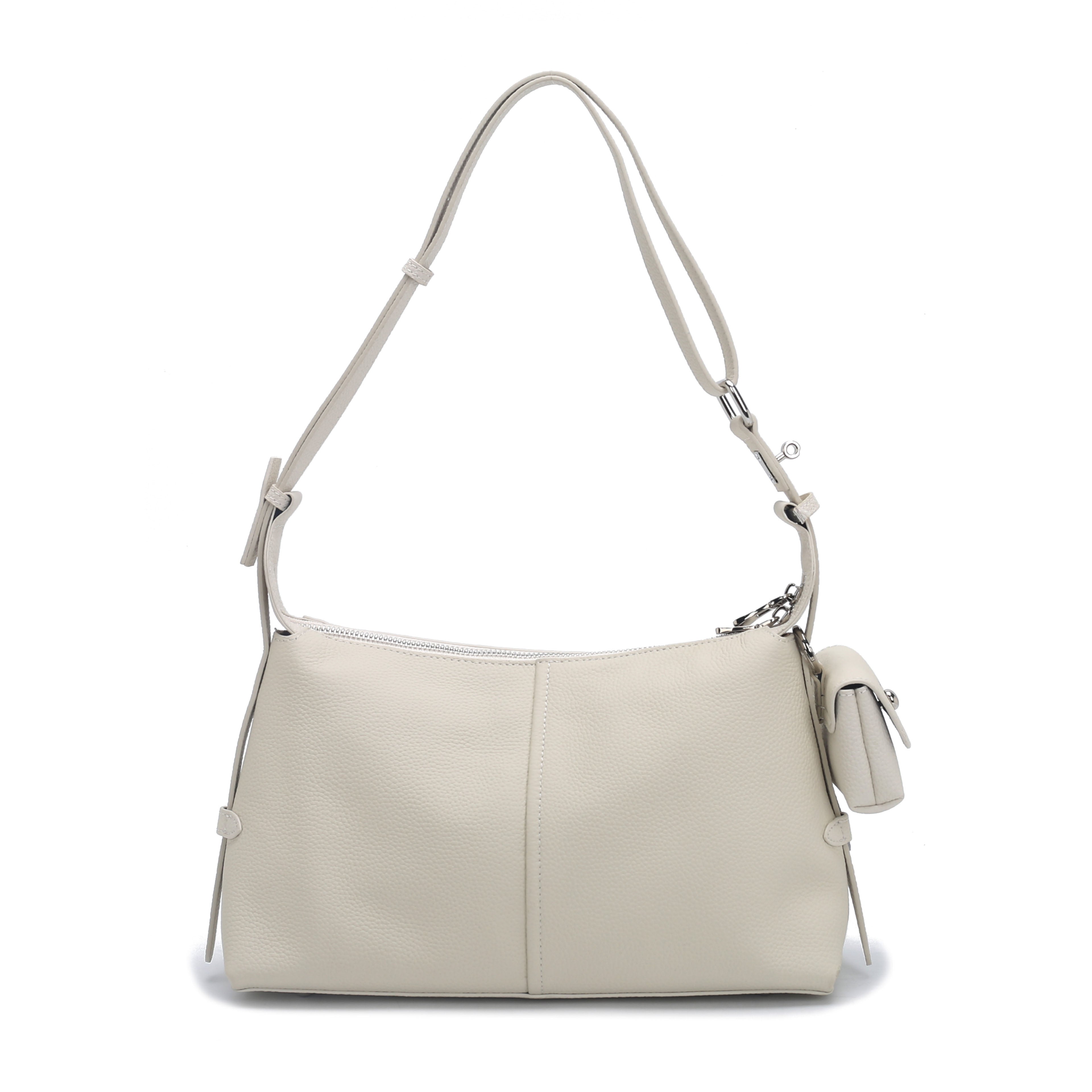 Off White Pebbled Leather Shoulder Bag with Mini Coin Pouch, Bulk Supply for Established Fashion Brands