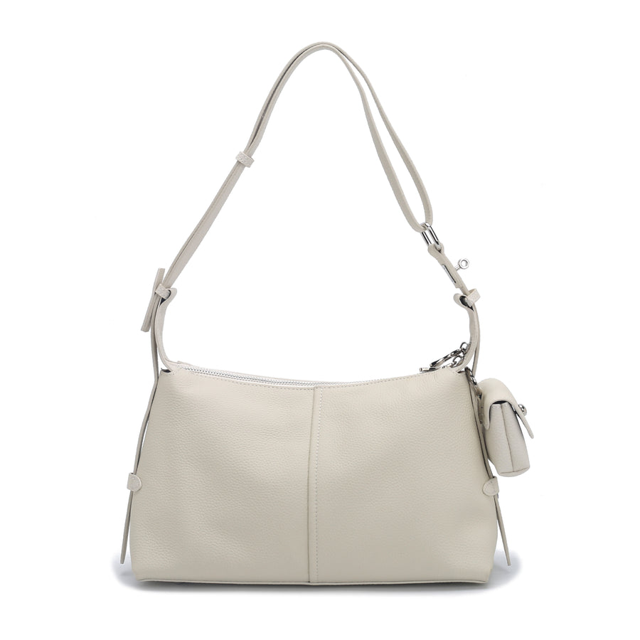 Off White Pebbled Leather Shoulder Bag with Mini Coin Pouch, Bulk Supply for Established Fashion Brands