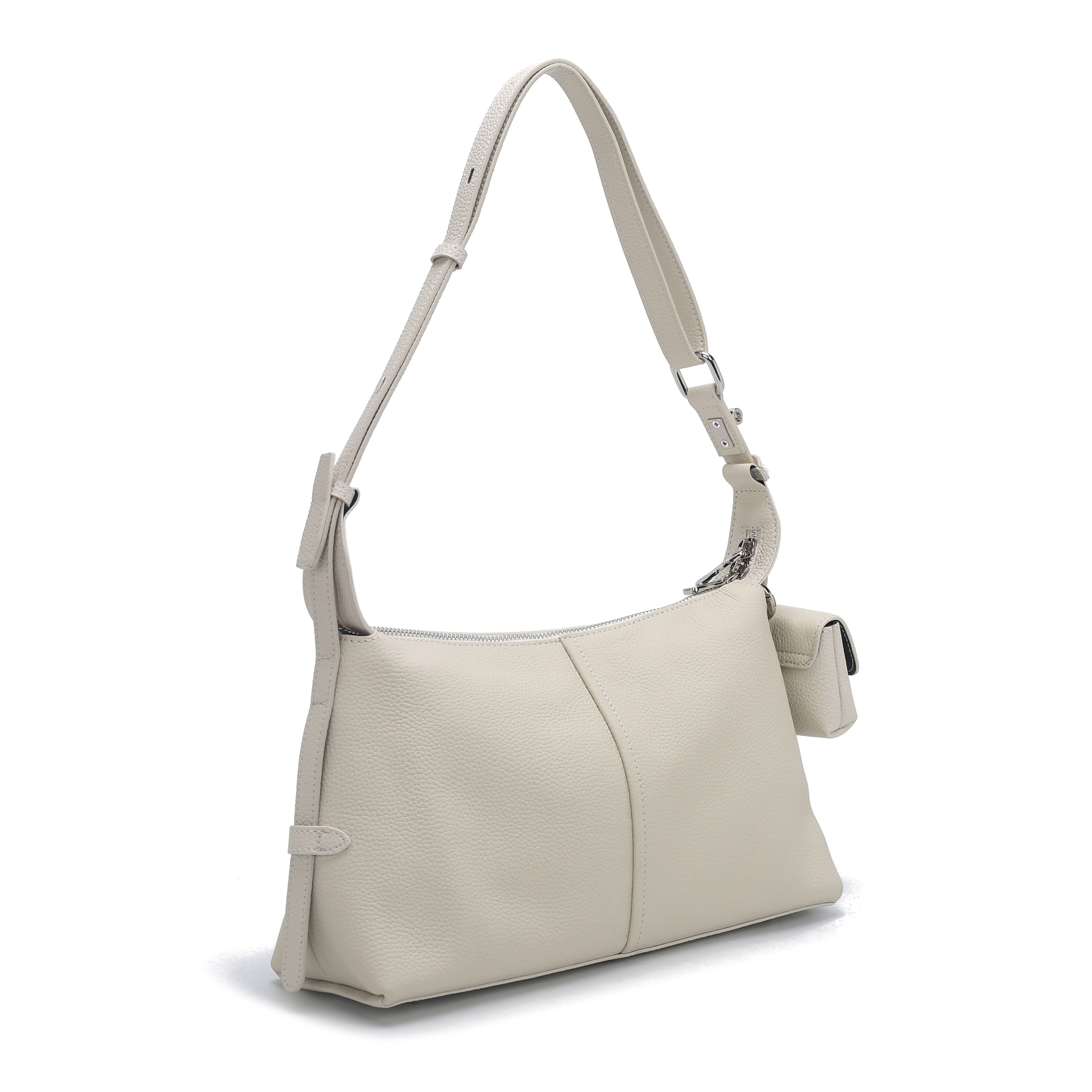 Off White Pebbled Leather Shoulder Bag with Mini Coin Pouch, Bulk Supply for Established Fashion Brands