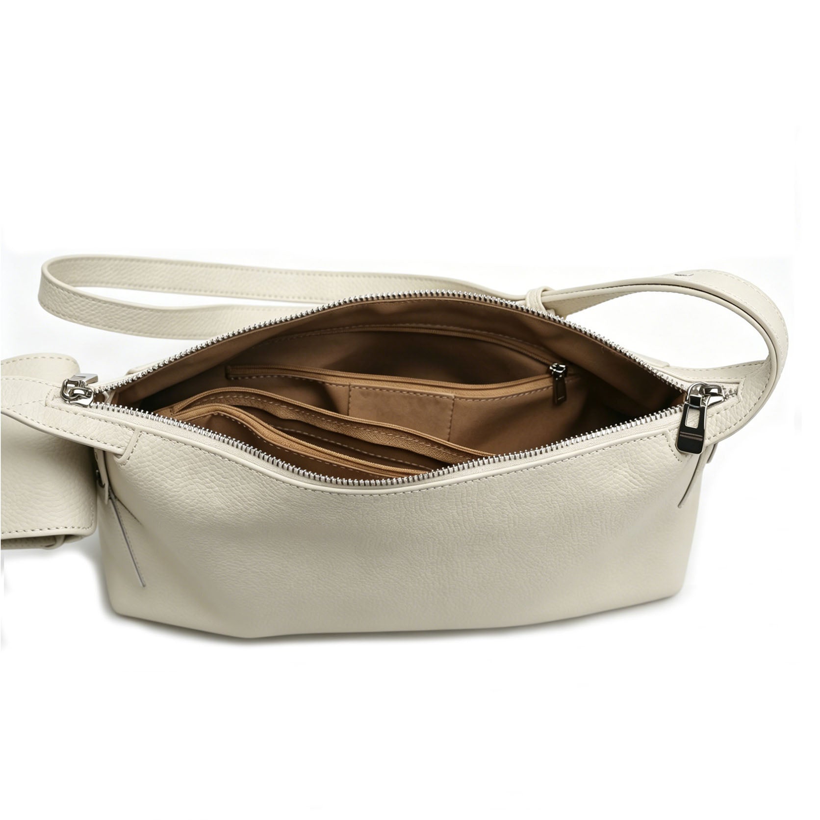 Off White Pebbled Leather Shoulder Bag with Mini Coin Pouch, Bulk Supply for Established Fashion Brands