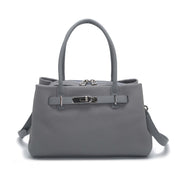 Grey Pebbled Leather Lock Detail Handbag with Crossbody Strap