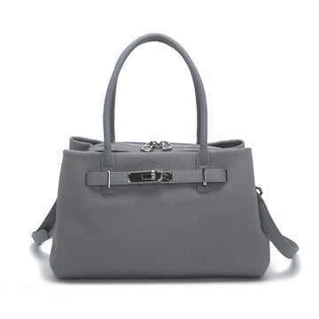 Grey Pebbled Leather Lock Detail Handbag with Crossbody Strap