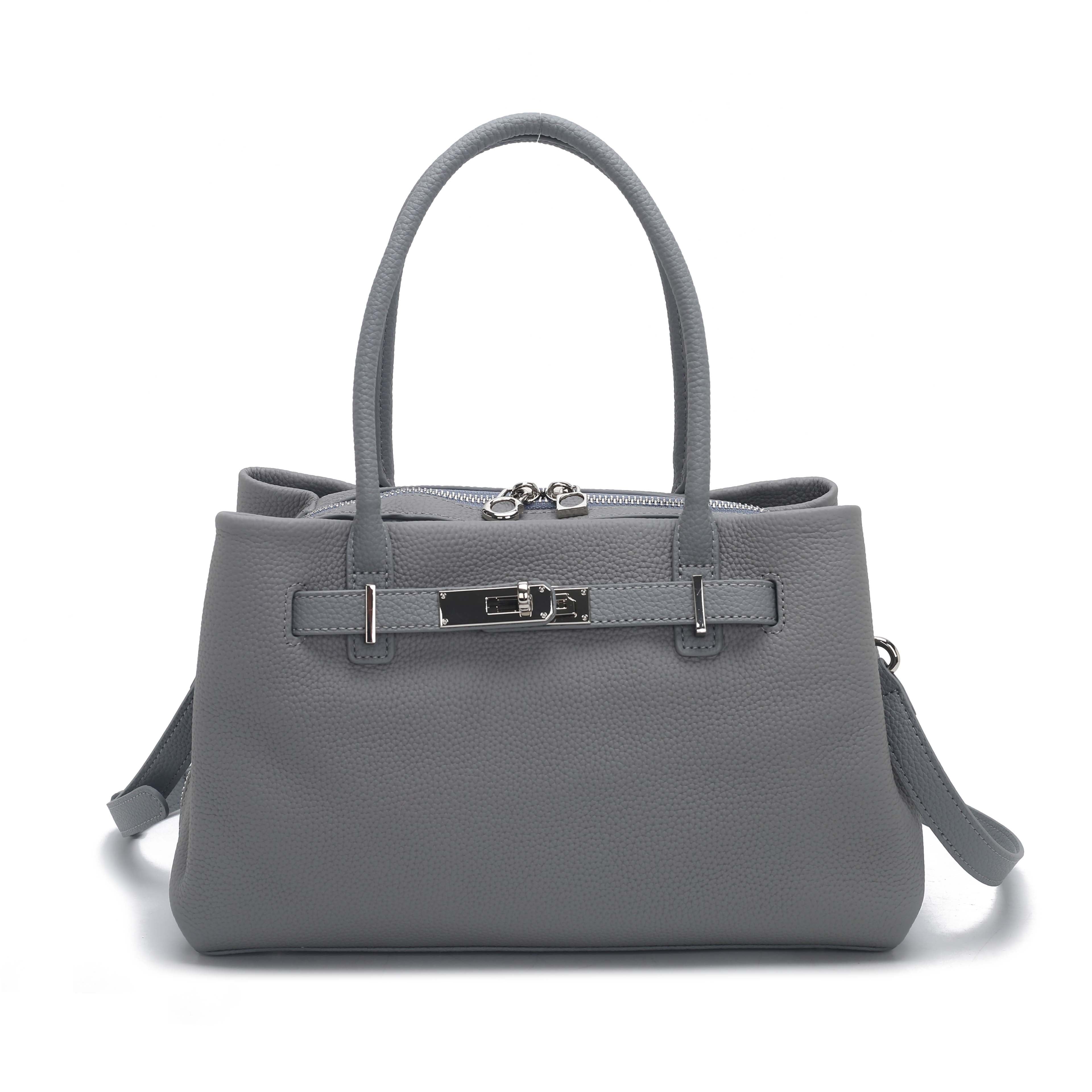 Grey Pebbled Leather Lock Detail Handbag with Crossbody Strap