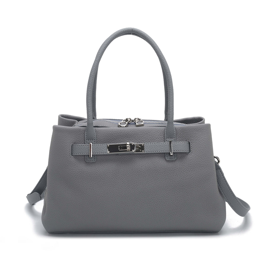Grey Pebbled Leather Lock Detail Handbag with Crossbody Strap