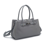 Grey Pebbled Leather Lock Detail Handbag with Crossbody Strap