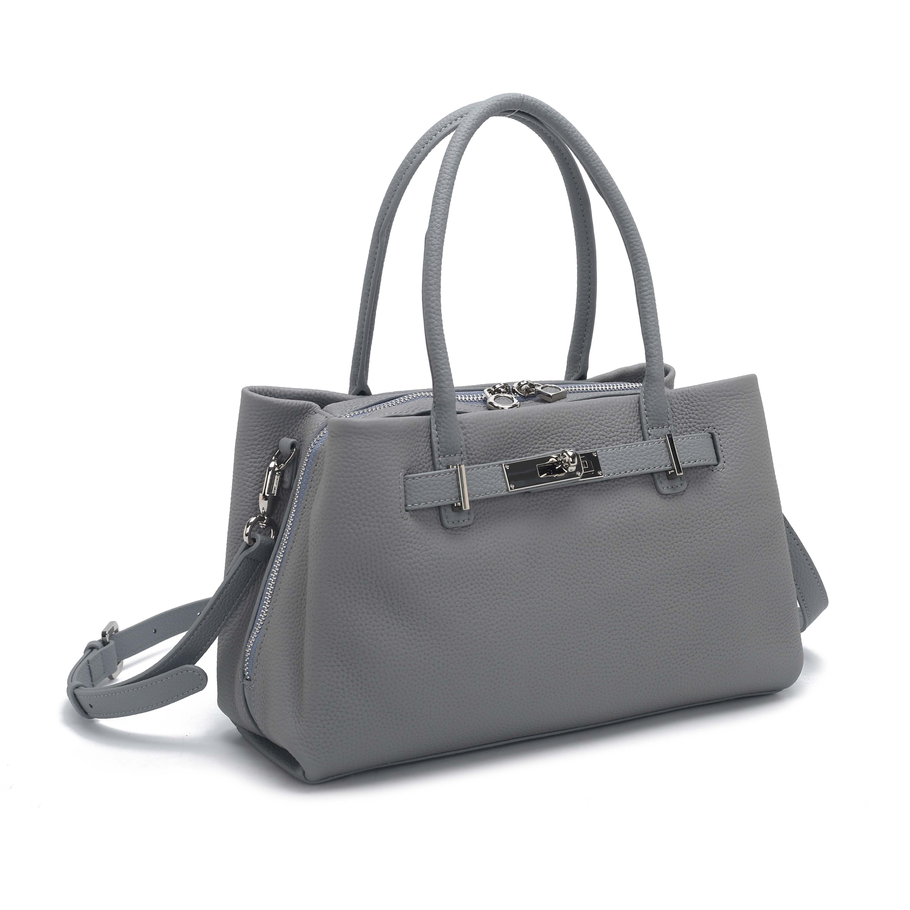Grey Pebbled Leather Lock Detail Handbag with Crossbody Strap