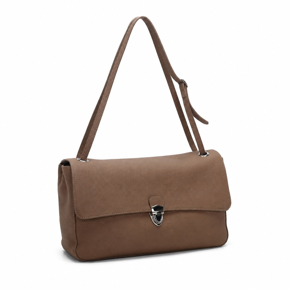 OEM/ODM Custom Women's Taupe Genuine Leather Flap Shoulder Bag with Turn-Lock Closure