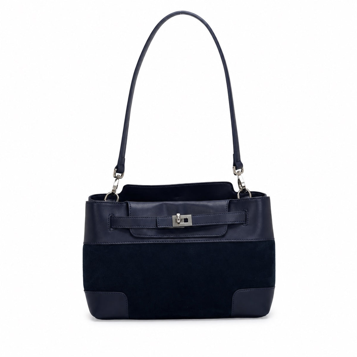 OEM/ODM Custom Women's Navy Blue Suede and Genuine Leather Shoulder Bag with Removable Pouch