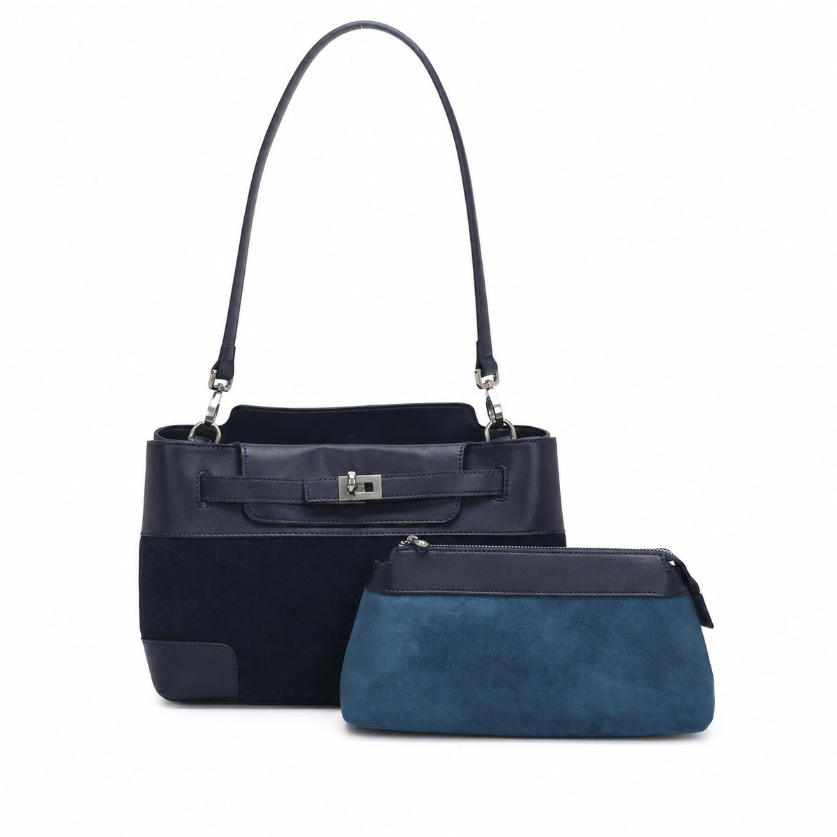 OEM/ODM Custom Women's Navy Blue Suede and Genuine Leather Shoulder Bag with Removable Pouch