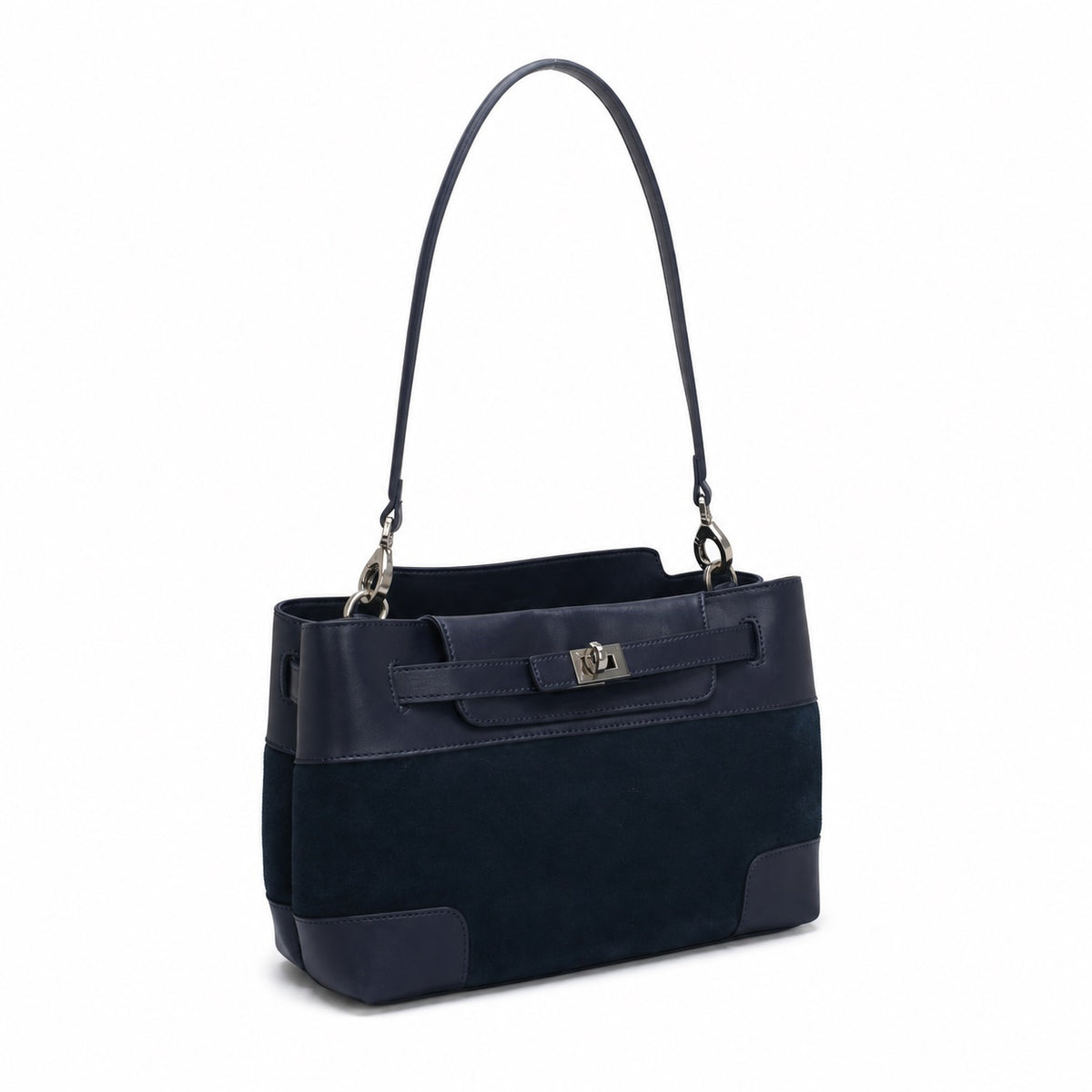 OEM/ODM Custom Women's Navy Blue Suede and Genuine Leather Shoulder Bag with Removable Pouch