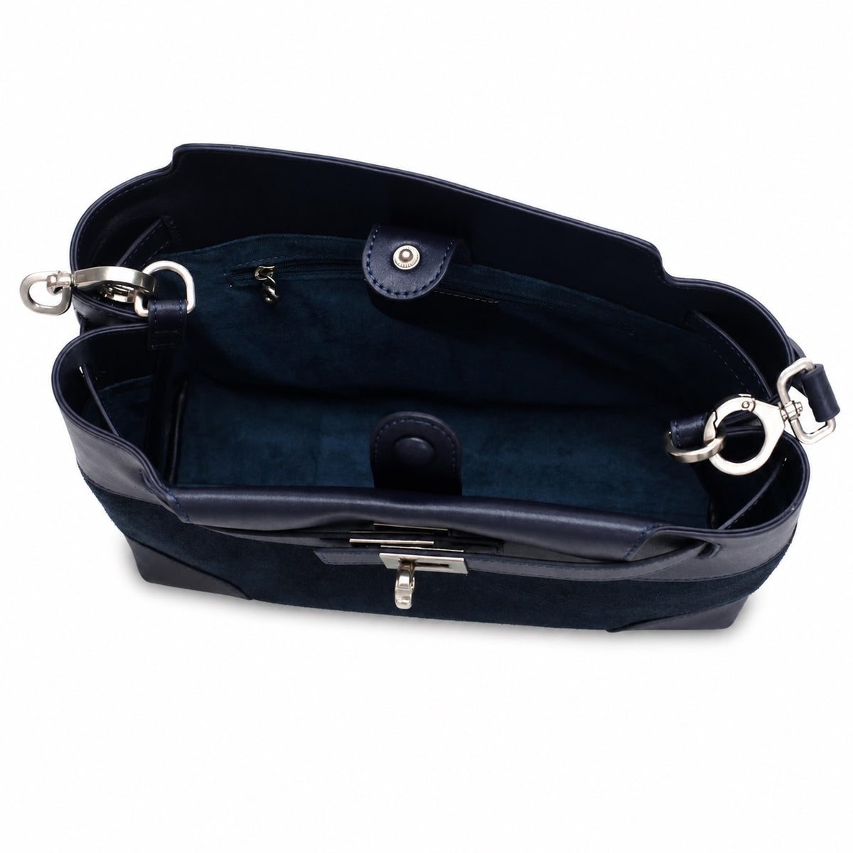 OEM/ODM Custom Women's Navy Blue Suede and Genuine Leather Shoulder Bag with Removable Pouch