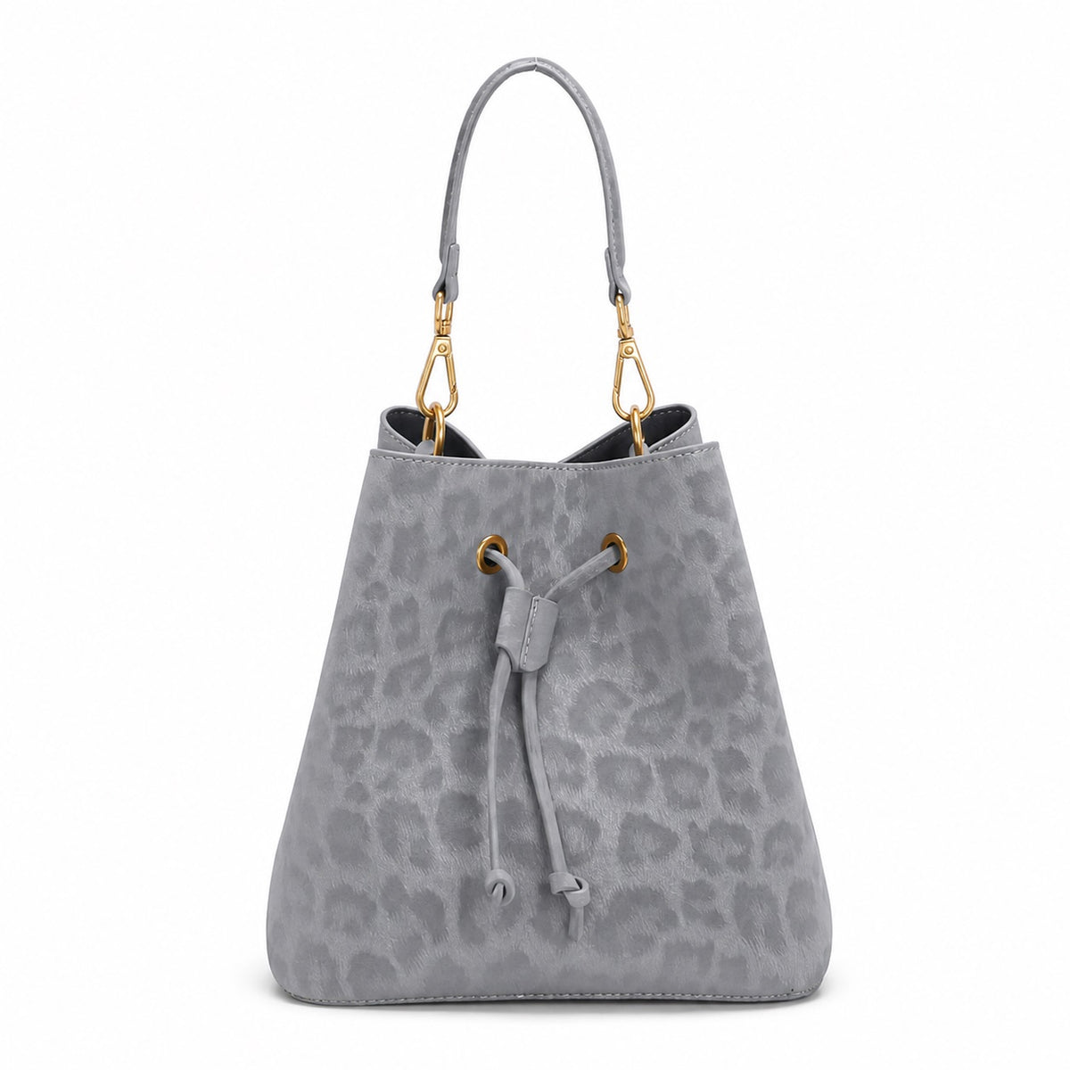 OEM/ODM Custom Women's Light Gray Leopard-Embossed Genuine Suede Leather Drawstring Bucket Bag