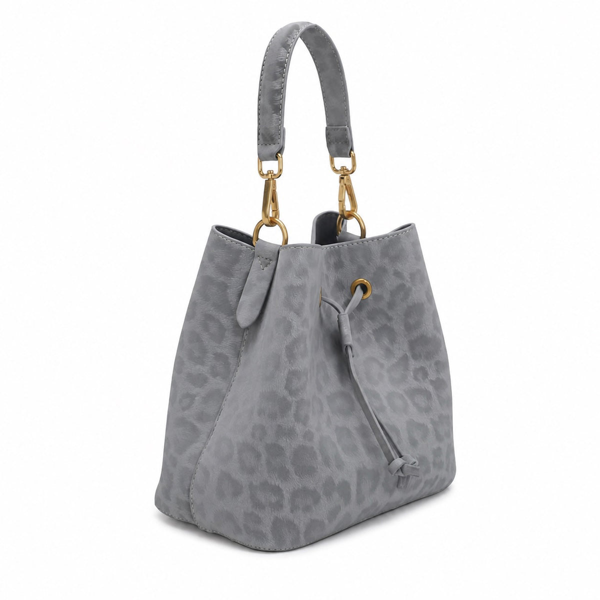 OEM/ODM Custom Women's Light Gray Leopard-Embossed Genuine Suede Leather Drawstring Bucket Bag