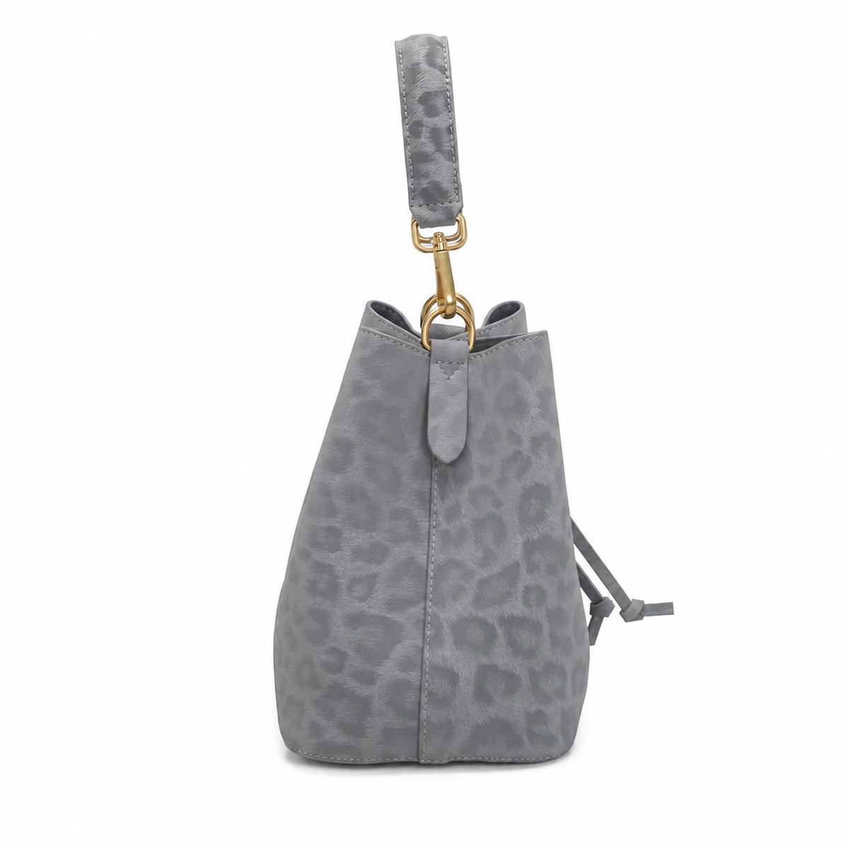 OEM/ODM Custom Women's Light Gray Leopard-Embossed Genuine Suede Leather Drawstring Bucket Bag