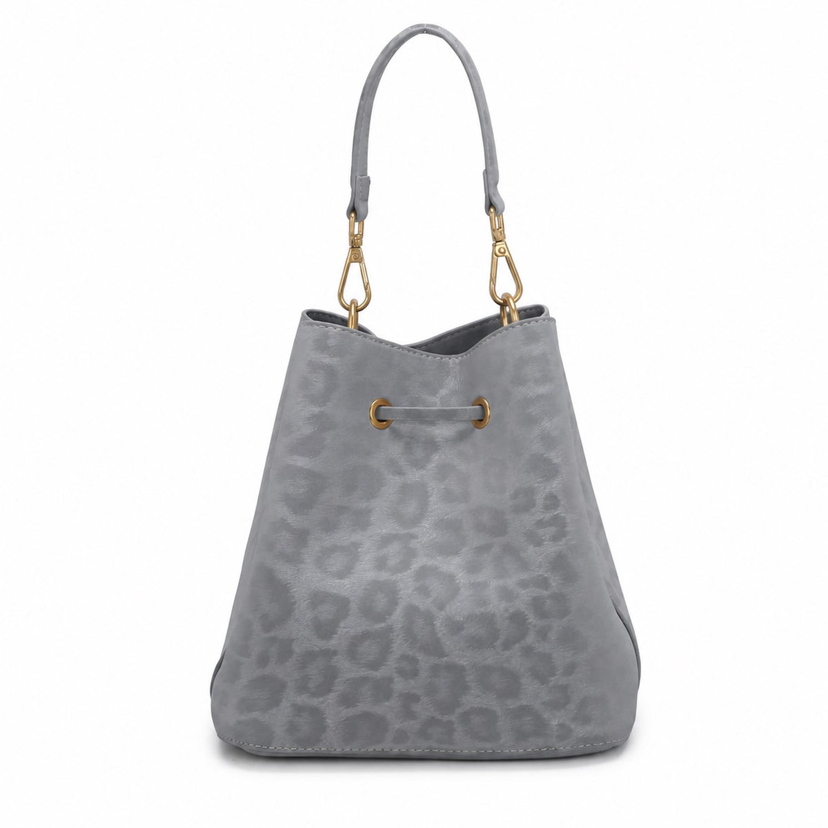 OEM/ODM Custom Women's Light Gray Leopard-Embossed Genuine Suede Leather Drawstring Bucket Bag