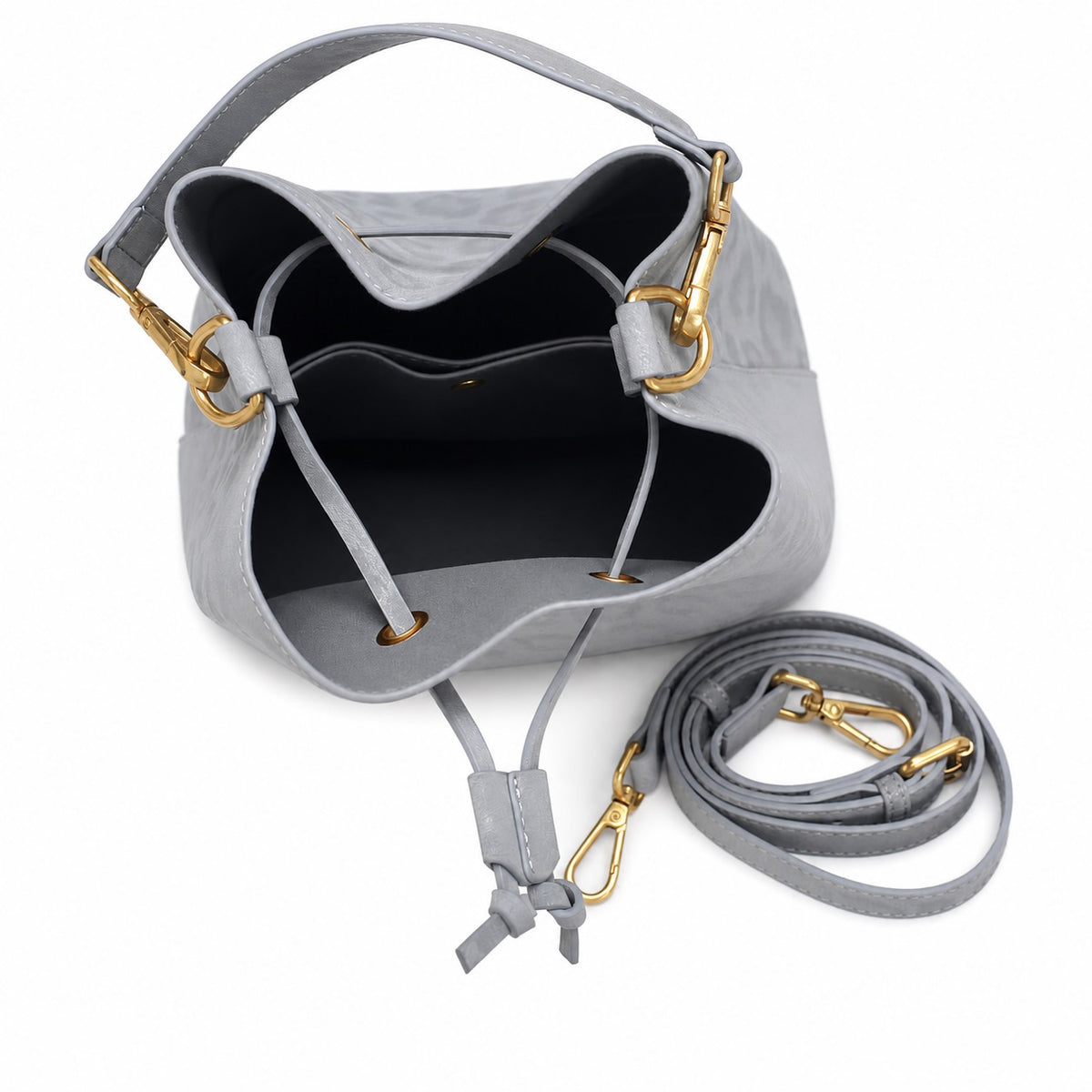 OEM/ODM Custom Women's Light Gray Leopard-Embossed Genuine Suede Leather Drawstring Bucket Bag