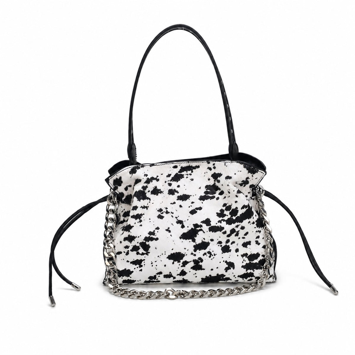 OEM/ODM Custom Women's Black and White Cow-Print Hair-on Leather Drawstring Shoulder Bag