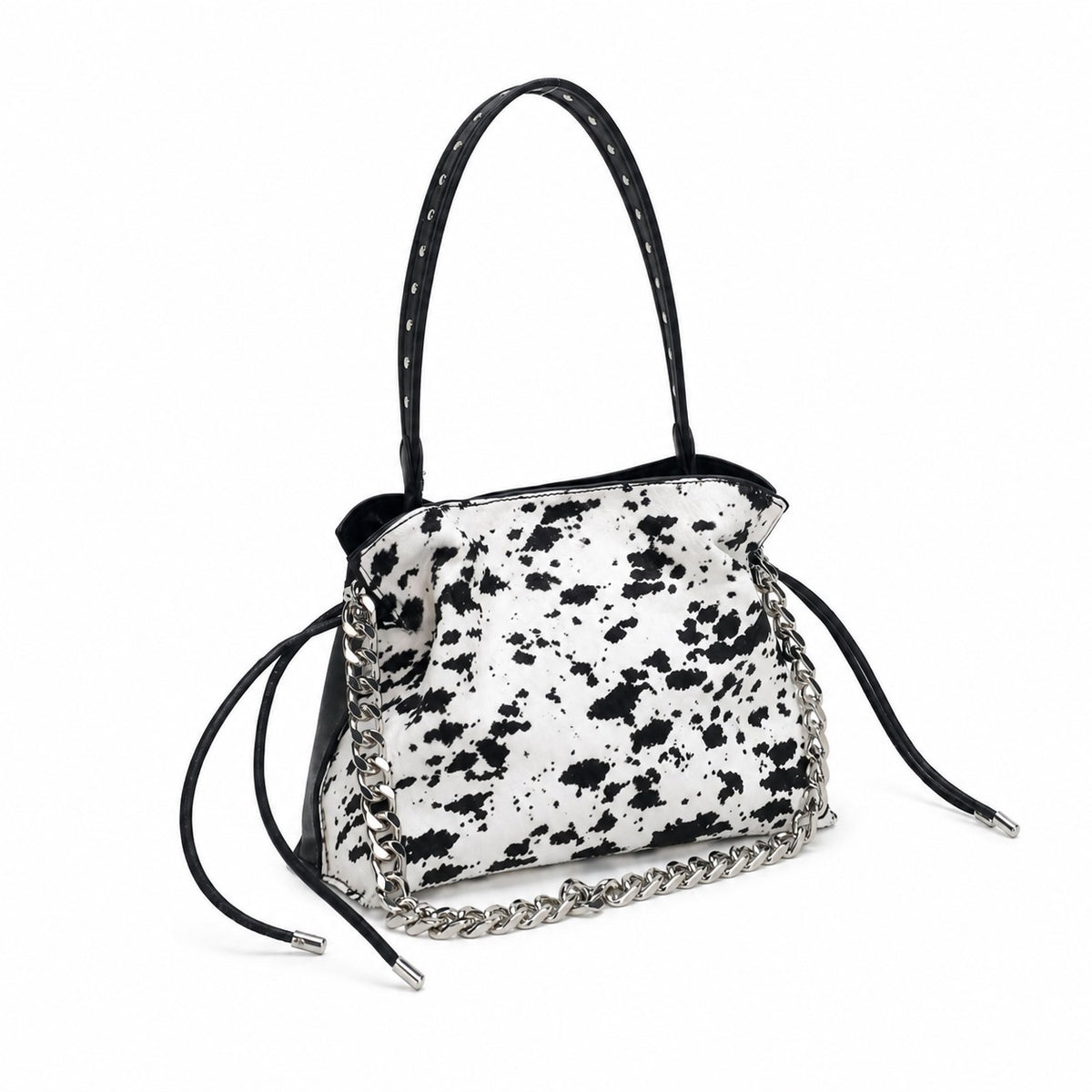 OEM/ODM Custom Women's Black and White Cow-Print Hair-on Leather Drawstring Shoulder Bag