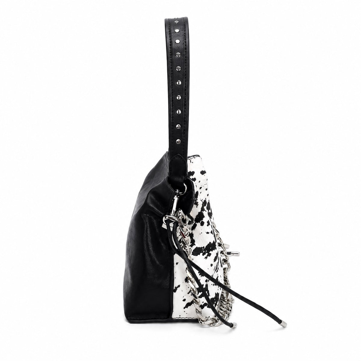 OEM/ODM Custom Women's Black and White Cow-Print Hair-on Leather Drawstring Shoulder Bag