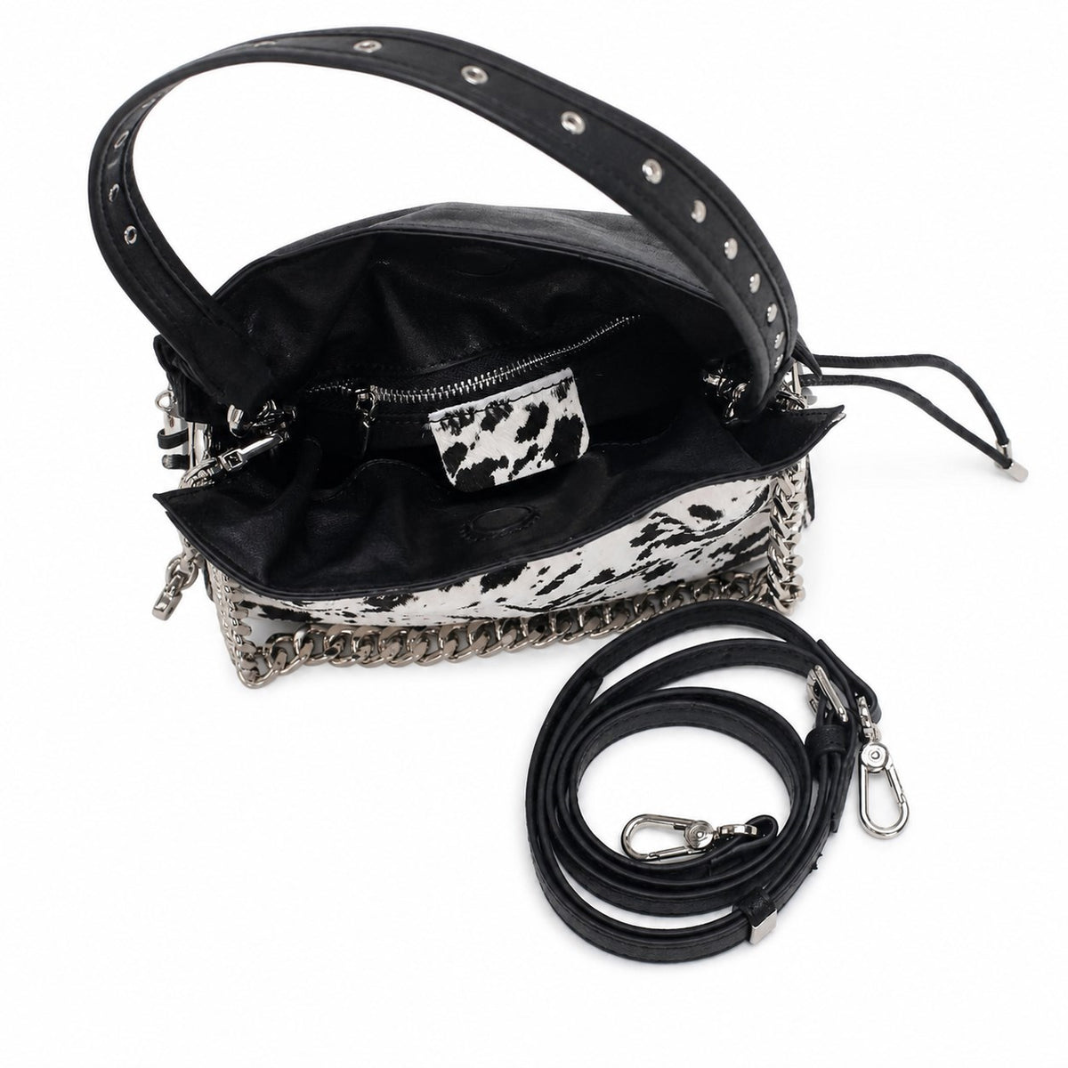 OEM/ODM Custom Women's Black and White Cow-Print Hair-on Leather Drawstring Shoulder Bag