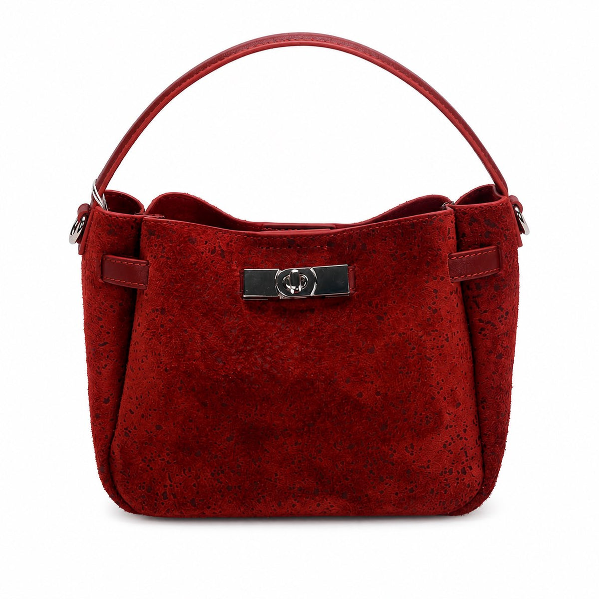 OEM/ODM Custom Women's Red Genuine Suede Leather Top Handle Satchel Bag with Turn Lock