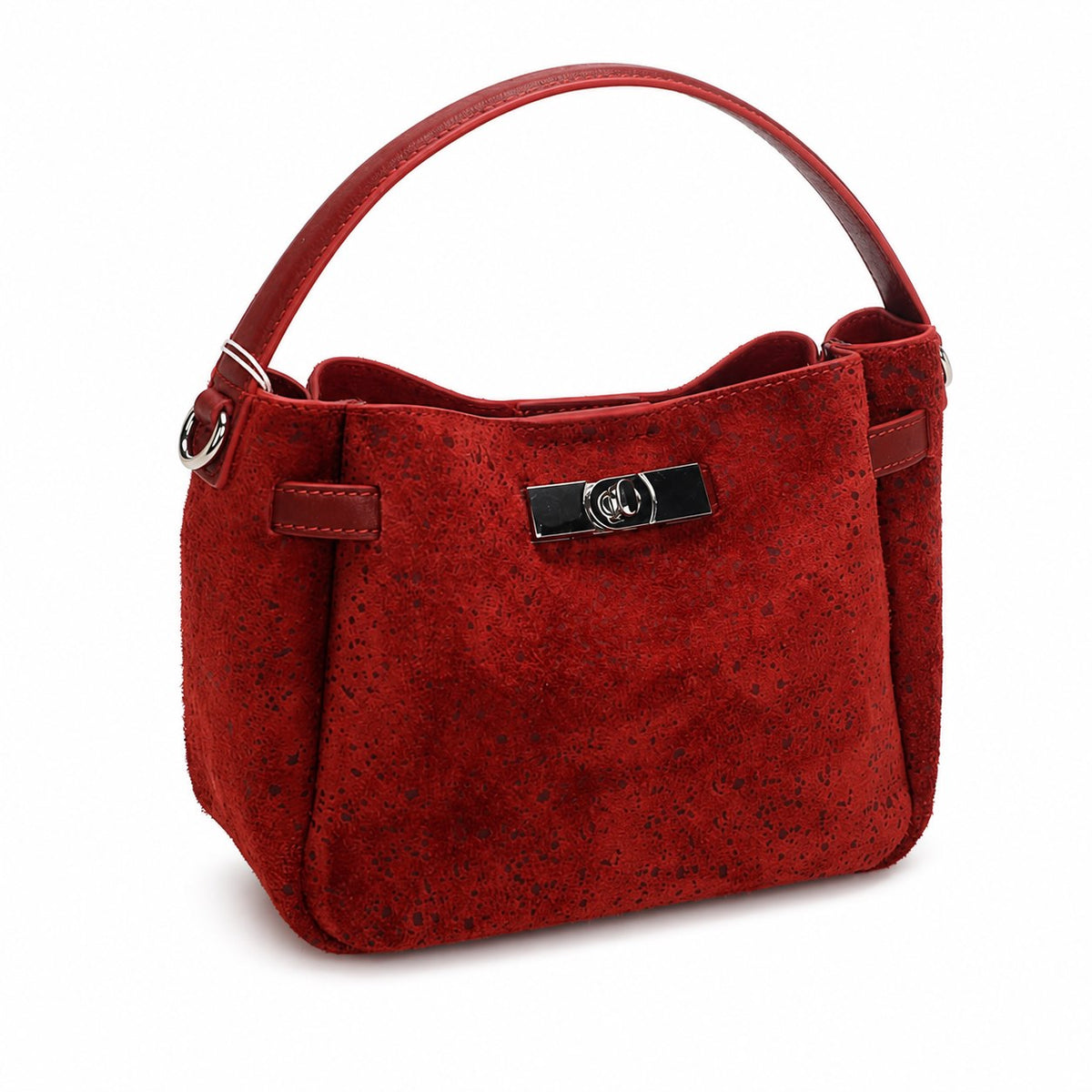OEM/ODM Custom Women's Red Genuine Suede Leather Top Handle Satchel Bag with Turn Lock