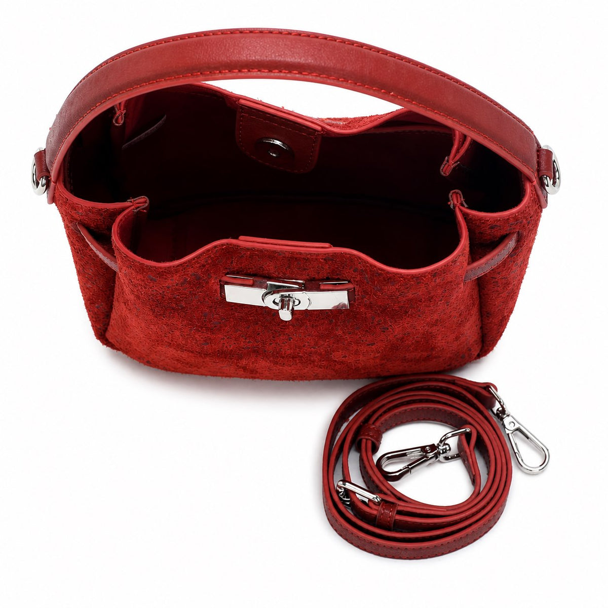 OEM/ODM Custom Women's Red Genuine Suede Leather Top Handle Satchel Bag with Turn Lock