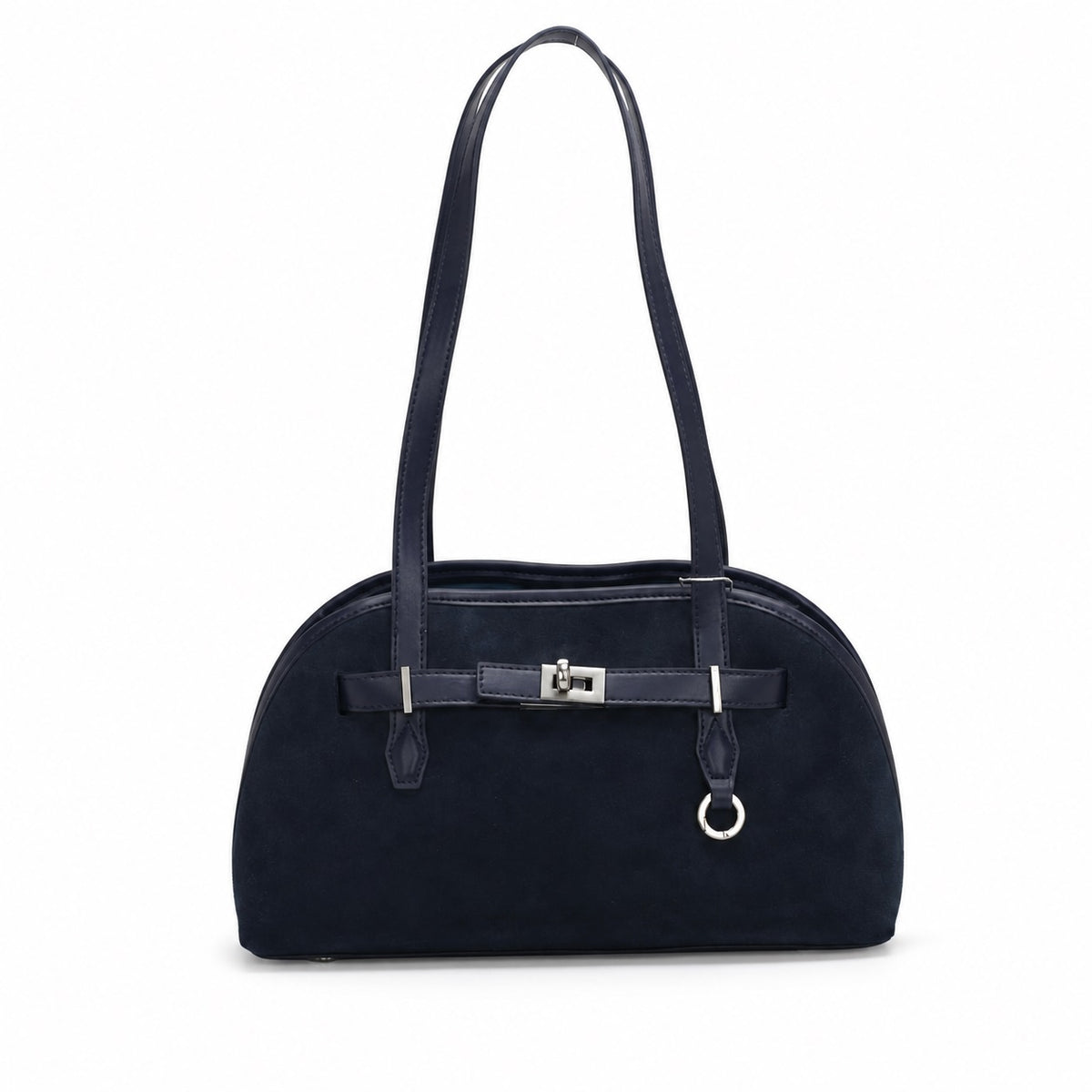 OEM/ODM Custom Women's Navy Blue Genuine Suede Leather Dome Shoulder Handbag with Turn Lock