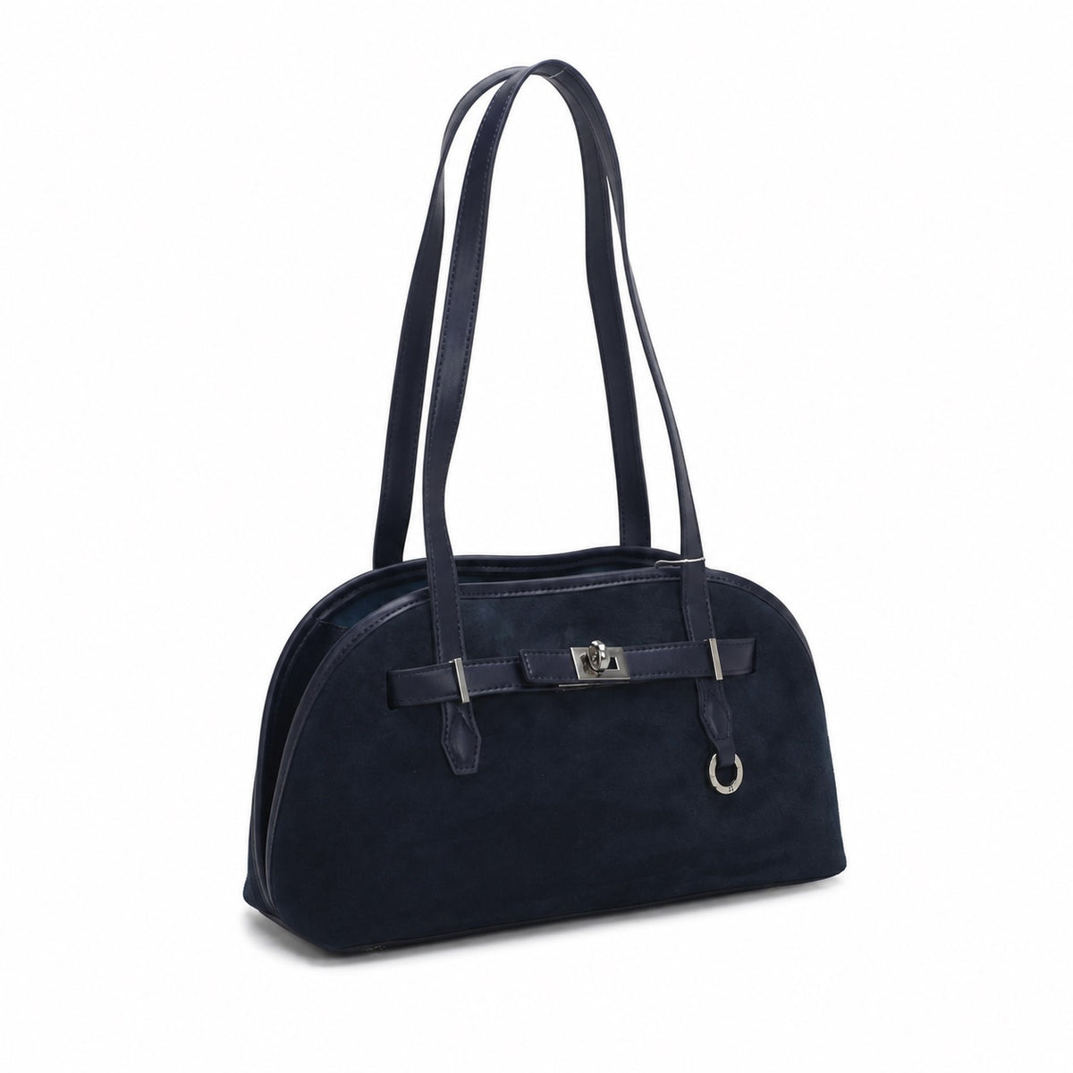 OEM/ODM Custom Women's Navy Blue Genuine Suede Leather Dome Shoulder Handbag with Turn Lock