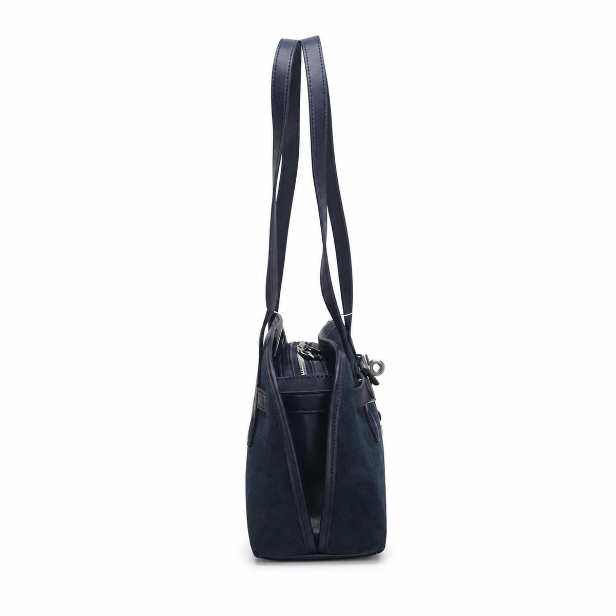 OEM/ODM Custom Women's Navy Blue Genuine Suede Leather Dome Shoulder Handbag with Turn Lock