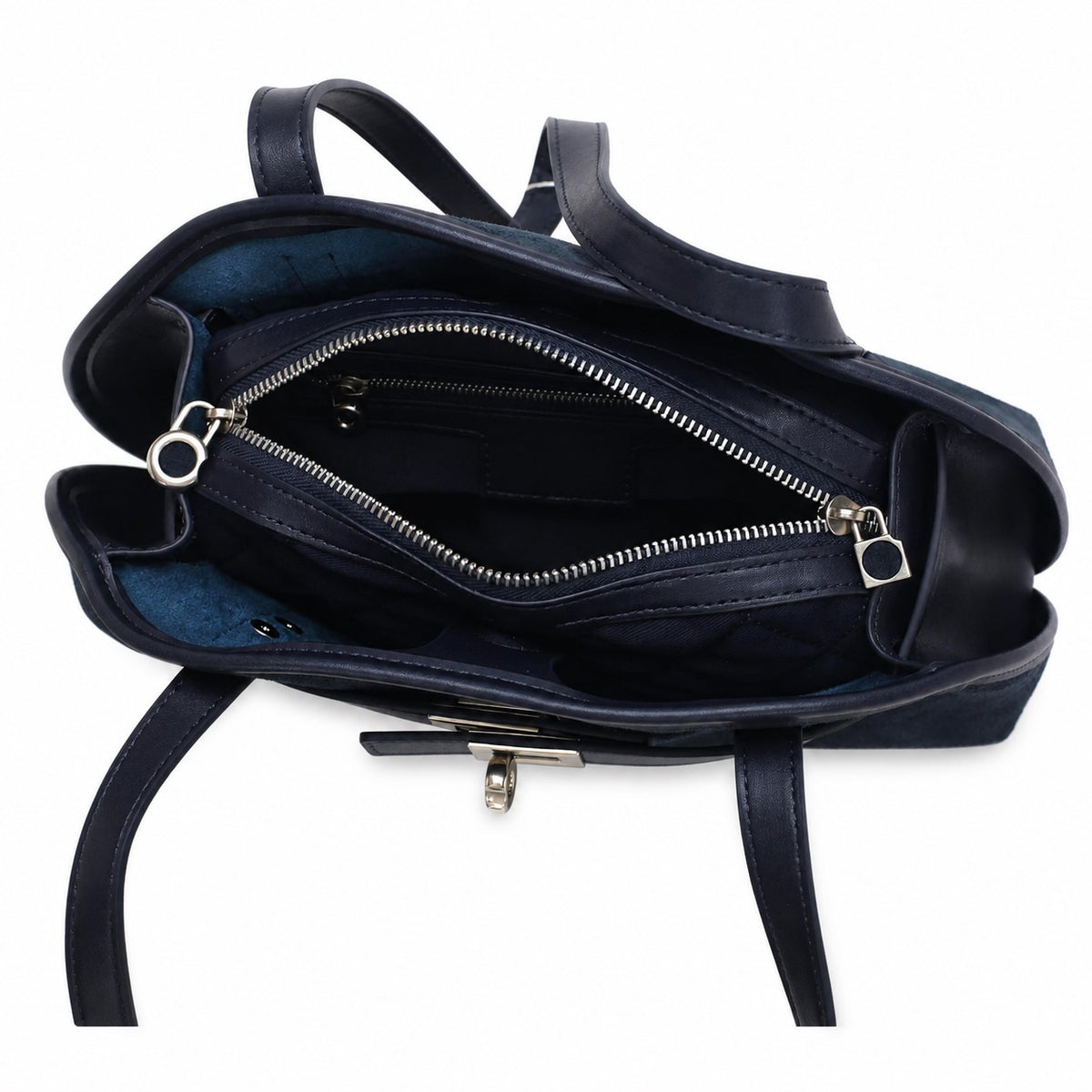 OEM/ODM Custom Women's Navy Blue Genuine Suede Leather Dome Shoulder Handbag with Turn Lock
