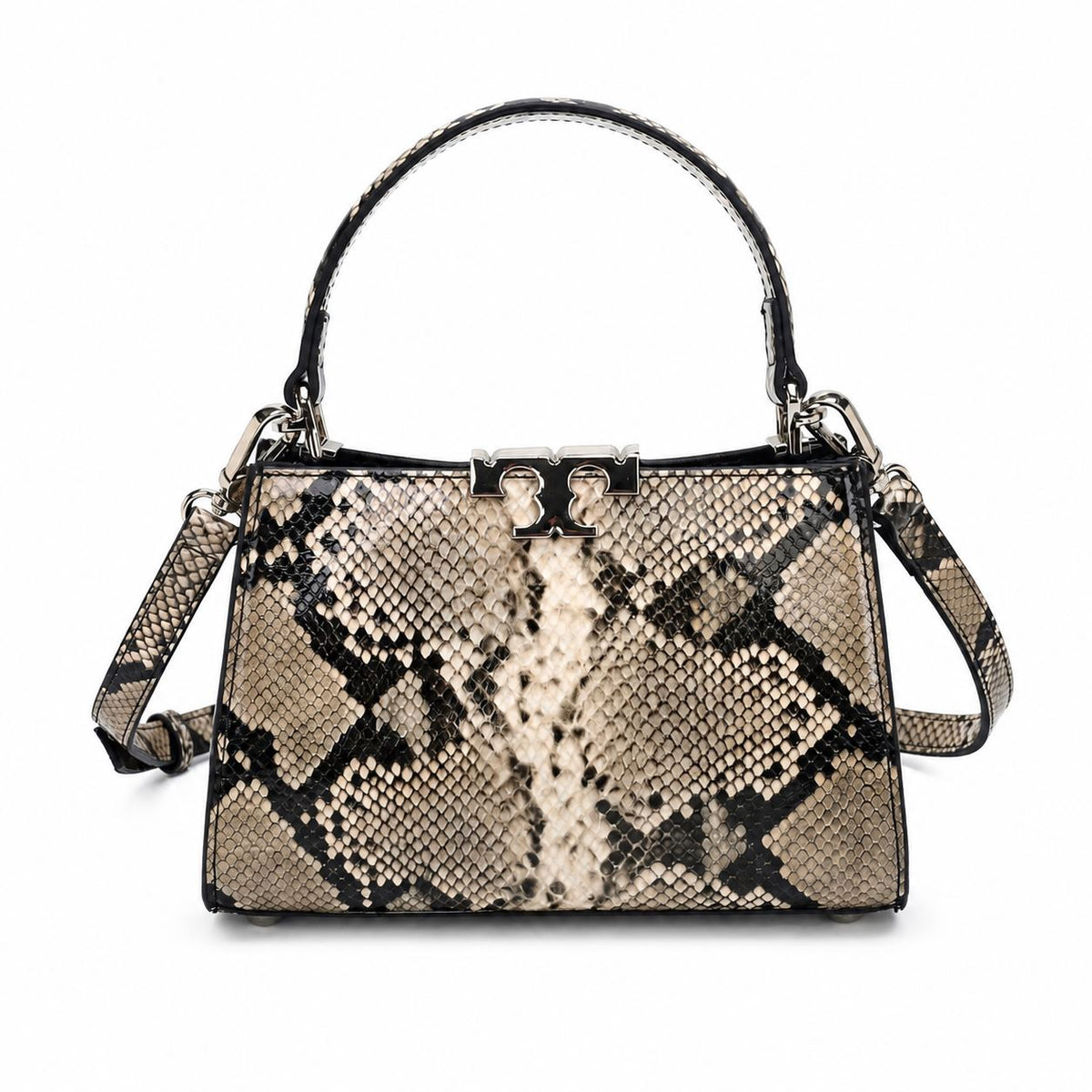 OEM/ODM Custom Women's Beige and Black Snake-Print Genuine Leather Top Handle Crossbody Bag